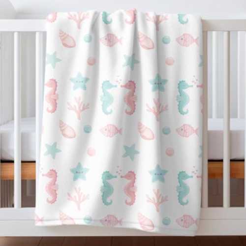 Seahorse Baby Blanket: Soft Fleece, Pastel Coastal Nursery Bedding