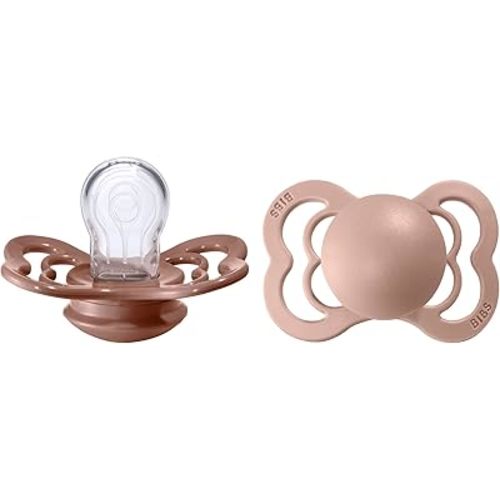 BIBS Pacifiers - Supreme Collection | Symmetrical Nipple | Silicone | Made in Denmark | Set of 2 Woodchuck/Blush Color Premium Soothers | Size 0-6 Months