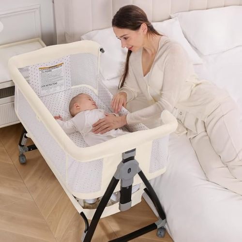 Baby Bassinet, 3-in-1 Bedside Bassinets for Baby, Bassinet Sleeper with Wheels, Baby Bedside Crib with Breathable Mesh, Mosquito Net, 6 Height Adjustable, Large Storage Basket, Easy Assemble & Folding