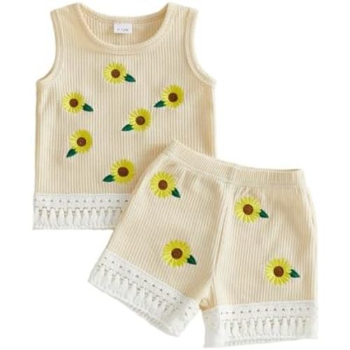 VISGOGO Toddler Baby Girl Summer Clothes Outfits Sleeveless Tassel Hem Tank Tops + Shorts Set