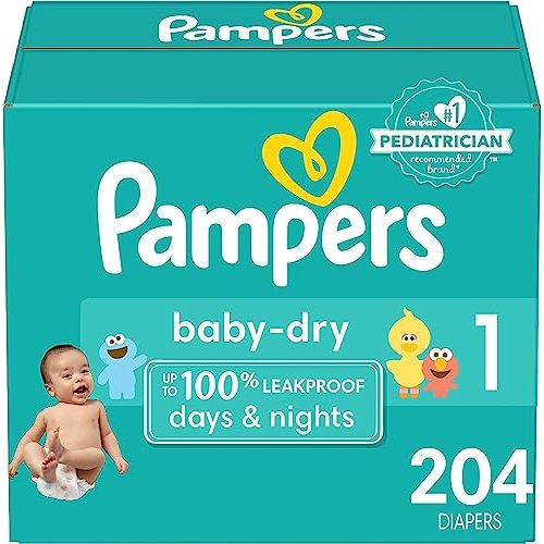Pampers Baby Dry Ultra Cushiony Diapers, Size 1 (8-14 lbs), 204 Count, Up to 100% Leakproof (Packaging May Vary)