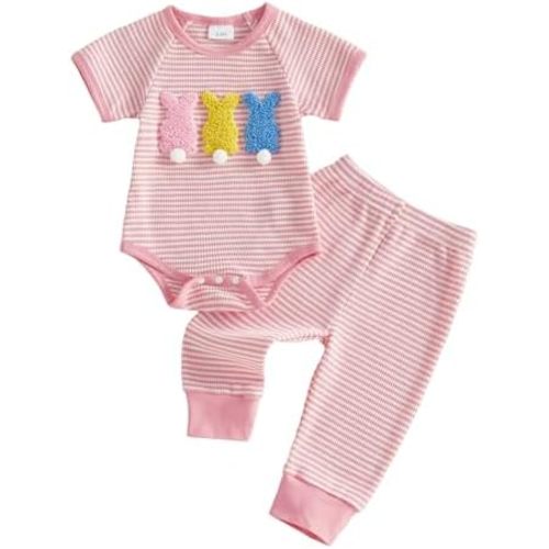 BemeyourBBs Newborn Baby Boy Girl Easter Outfit Short Sleeve Romper and Pants Set Spring Clothes Siblings Matching Outfit