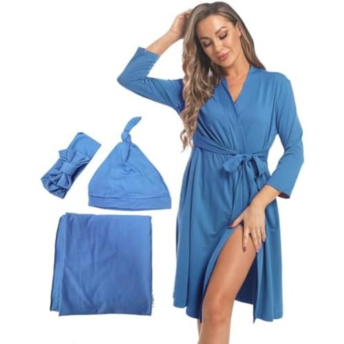 Maternity Robe with Matching Swaddle Set Girls Boys, Mommy Me Robe Set Soft Elastic Women Robes