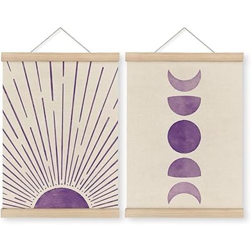 MAQIKA Purple Sun and Moon Wall Decor Poster Framed with Wood Hanger Set of 2, Sunshine Nursery Decor, Moon Phase Hanging Wall Decor, Boho Sunshine Canvas Wall Art Paints for Kids Bedroom 12x16 Inch