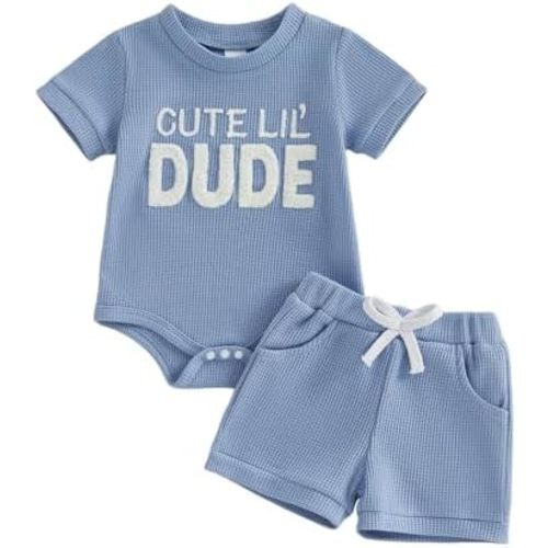 Adobabirl Newborn Baby Boy Summer Clothes Cute Lil' Dude Embroidery Short Sleeve Romper Shorts Set Infant Waffle Outfits