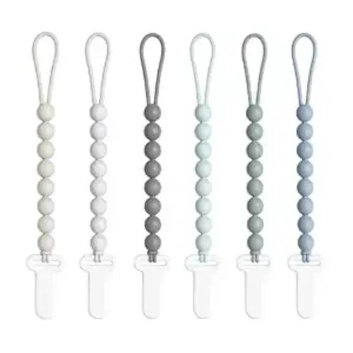 6 Pack Neutral Silicone Pacifier Clips for Boys and Girls, One Piece Beads Pacifier Clip Set with Durable Plastic Clip, Neutral Baby Pacifier Holder Set