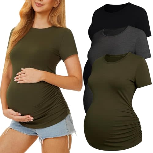 3 Pack Womens Maternity Shirts - Crew Neck Maternity Top Short Sleeve Pregnancy Tee Shirts