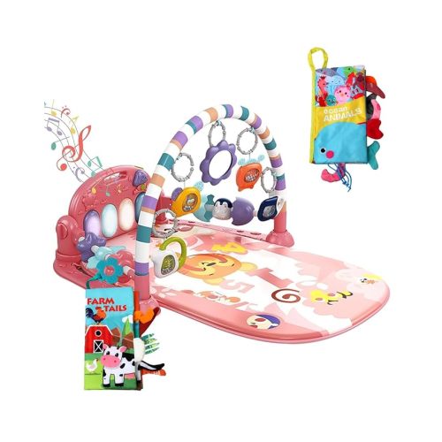 dearlomum Baby Play Mat Baby Gym,Funny Play Piano Tummy Time Baby Activity Mat with 5 Infant Sensory Baby Toys & 2 Baby Book Toys, Boy & Girl Gifts for Newborn 0 to 3 6 9 12 Months(Pink)