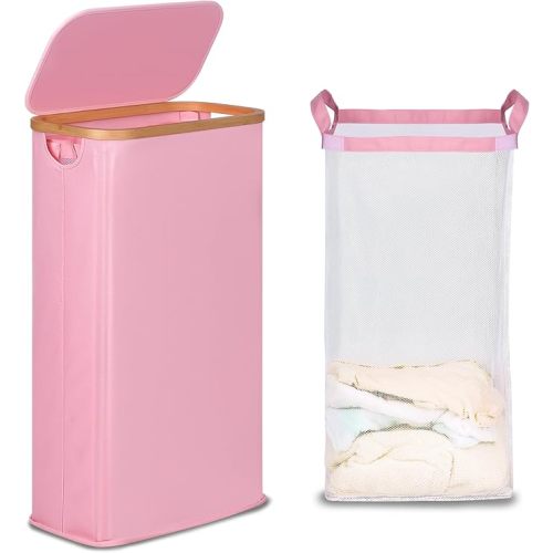efluky Slim Laundry Basket with Lid, Narrow Laundry Hamper with Removable Bag, Skinny Dirty Clothes Basket with Bamboo Handles for Bathroom, Bedroom & Laundry Room, 63L Pink