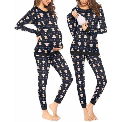 Ekouaer Nursing Pajama Set Long Sleeve Maternity Clothes Labor Pregnancy Pjs Breastfeeding Thermal Underwear Sleepwear