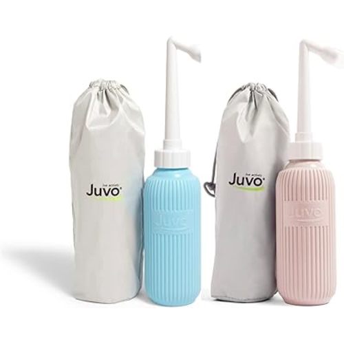 Juvo Peri Bottle Kit | Portable Travel Bidet, Handheld Squeeze Bottle with 2 Spray Nozzles, Cap and Storage Bag, Upside Down Use, 13.5 oz, Blue/Pink, 2-Pack