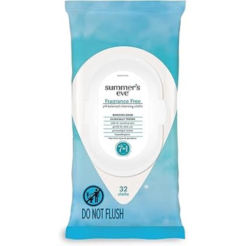 Summer's Eve Fragrance-Free Feminine Wipes, Gentle pH-Balanced Micellar Water Based Formula Helps Control Vaginal Odor, Resealable Pack, 32 Wipes