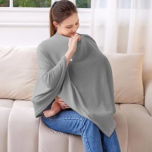 Knit Nursing Cover for Baby Breastfeeding, Breathable and Soft, Wide Neck with Stretch for Easy View (Grey)