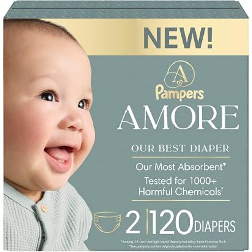 Pampers Amore, Size 2 (10-22 lbs), 120 Count, Our Best Diaper – Hypoallergenic & Fragrance Free, Up to 100% Leakproof, Soft as Cashmere