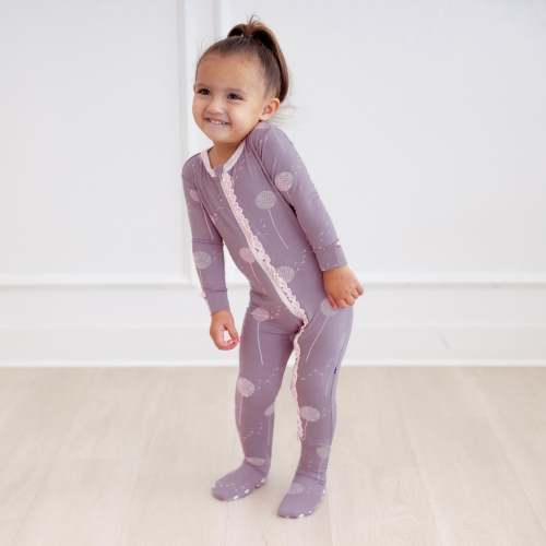 Print Muffin Ruffle Footie with 2 Way Zipper in Lavender Dandelion Wish