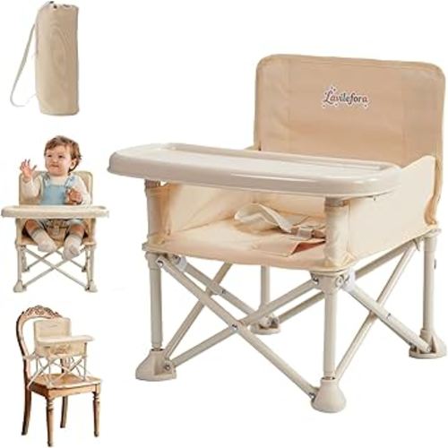 Portable Baby Chair,Portable 3-in-1 Baby Booster Seat with Tray,Folding Toddler High Chair for Travel,Camping, Home & Dining, Easy to Clean & Store, Safe with Child Safety Belt Carry Bag(White)