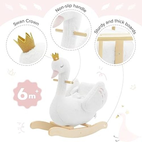 labebe Kids Rocking Horse White Swan, Stuffed Animal Wooden Rocker for Children 6 Months Boys and Girls/Nursery Christmas, Birthday Gift (Rocking Swan)