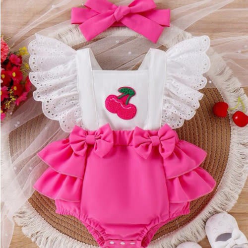 Baby Girl Cherry Embroidery Ruffle Contrast Color Patchwork Romper With Headband, Summer | SHEIN USA