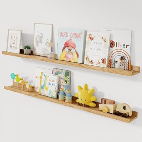 Acovy Solid Ash Wood Picture Ledge Shelf, Wood Floating Shelves Set of 2, 48 Inch Long Large Photo Ledge Shelves, Nursery Book Shelves Wall Mounted for Living Room Kids' Bedroom Decor, Natural