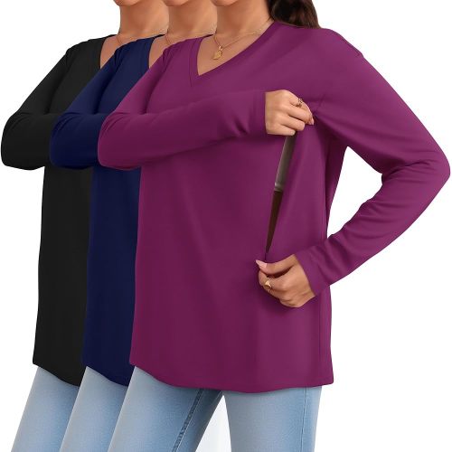 3 Pack Women's Oversize Nursing Shirts for Breastfeeding with Hidden Zippers Loose Fit Long Sleeve Maternity Tops