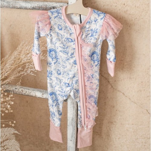 Baby Jumpsuit - Something Blue Toile Zip One Piece Onesie - Pink / Blue – Before & Ever