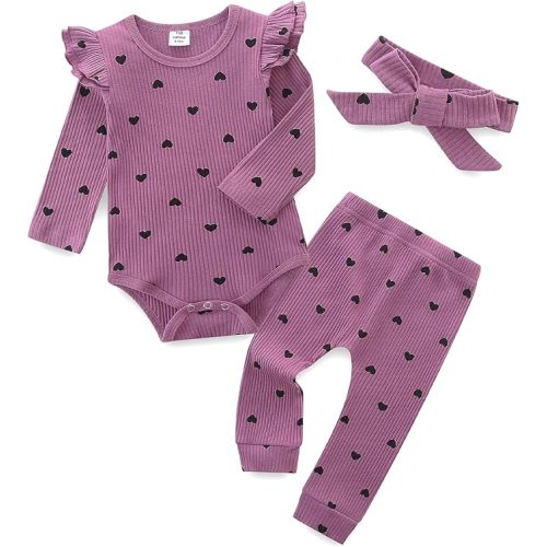 Fullfamous Baby Girl's 3pc Rib Frill Long Sleeve Romper and Pant Set