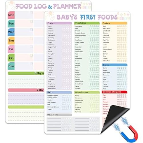 Baby First Foods Tracker Fridge Magnets (Set of 2) – 101 Foods Before 1 Checklist & Reusable Dry Erase Meal Log Chart, Baby Feeding Tracker for New Parents, 9x13 Inch
