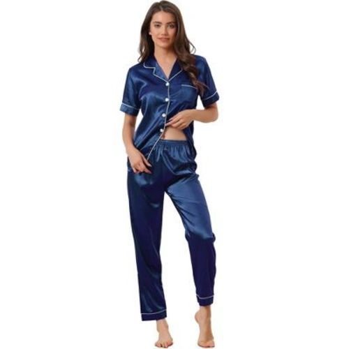 cheibear Women's Buton Down Sleepwear with Pants Nightwear Lounge Pajama Set 2 Pcs