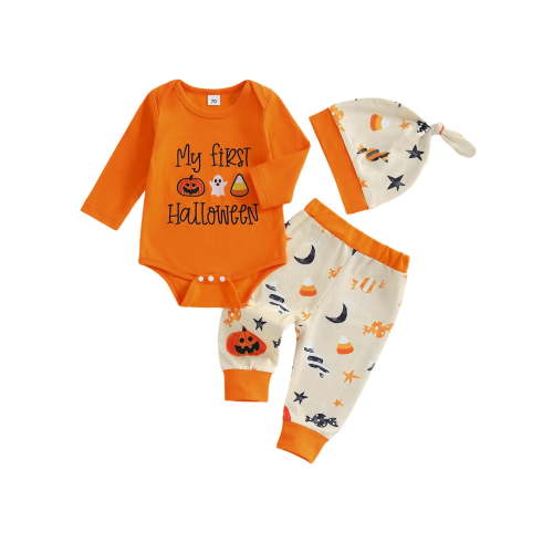 My First Halloween Baby Boy Outfit Letter Embroidery Long Sleeve Romper Spider Bat Pants and Hat 3Pcs Fall Winter Clothes Set