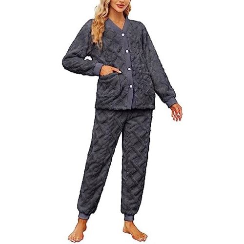 HEARTNICE Women Fuzzy Pajama Set Warm Fluffy Long Sleeve Sleepwear Plush Loungewear Thermal Nightwear with Pockets