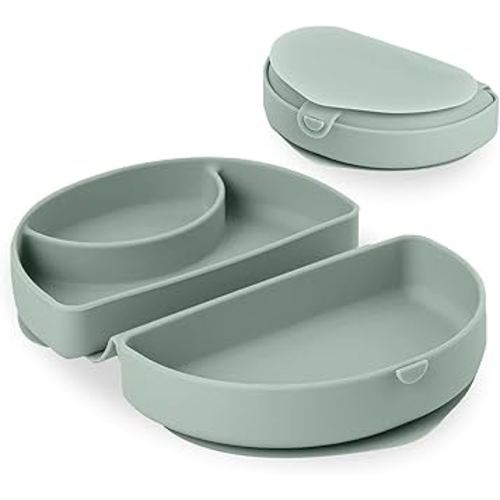 Miniware Baby Travel Plate with Suction - Foldable Silicone Baby Travel Essential to Promote Self-Feeding - Dishwasher Safe, BPA Free, Silicone Baby Plate For On The Go - Eucalyptus Silifold