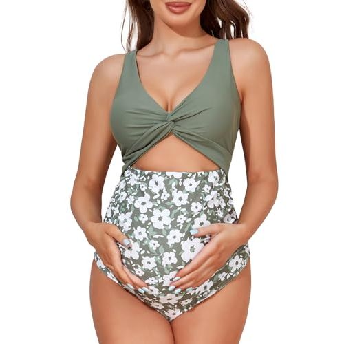 Summer Mae Maternity Cutout One Piece Swimsuit Twist Front Criss-Cross Bathing Suit High Waisted Pregnancy Swimwear