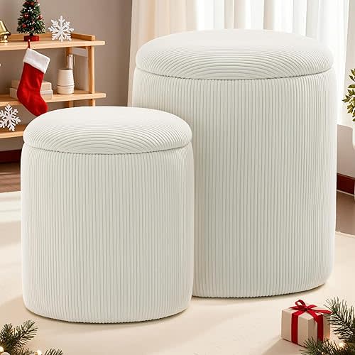 YSICK Round Ottoman with Storage, Set of 2, Small Vanity Stool as Vanity Chair, Corduroy Ottoman Foot Rest for Small Space, Living Room, Bedroom, Beige