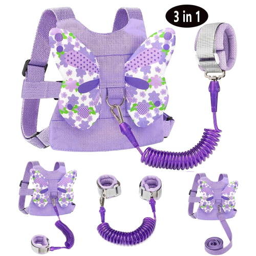 3 in 1 Toddlers Leash + Anti Lost Wrist Link Child Kids Safety Harness Kids Walking Wristband Assistant for Girl Purple Christmas Gift(Purple)