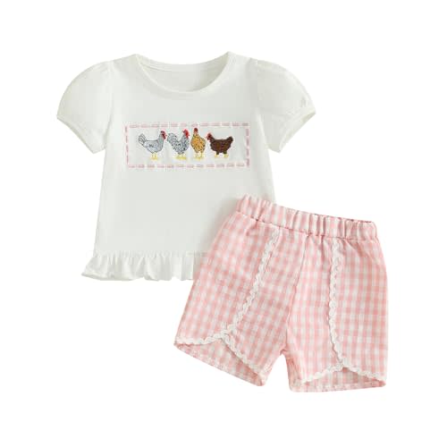 Toddler Baby Girl Clothes Summer Short Sleeves Crewneck Embroidery T Shirt + Elastic Plaid Shorts 2Pcs Outfits Se