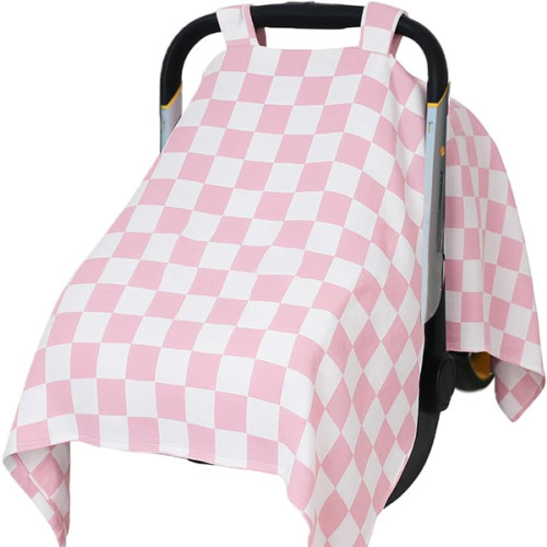 solTourne Muslin Car Seat Cover for Babies - Pink & White Checkered Infant Carrier Canopy, Soft & Breathable Baby Carseat Cover, Lightweight Sunshade for Summer, Universal Fit for Boys & Girls