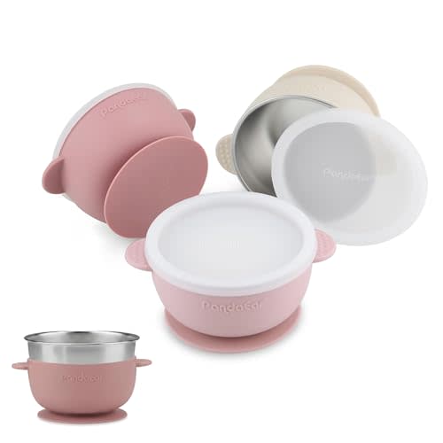 PandaEar 3 Pack Stainless Steel Baby Suction Bowls, Non-Slip Child Food Bowl with Silicone Sleeve for Kids Toddlers Infants, Unbreakable & Mess Free (Pink, With Lids)