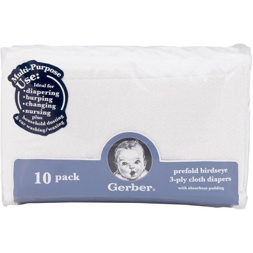 Gerber Unisex Baby Boys Girls Birdseye Prefold Cloth Diapers Multipack White 3-Ply 10 Pack
