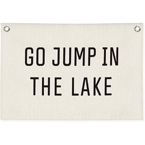 Lake House Decor Canvas Banner,Lake House Gifts for Lake Lovers,Go Jump in The Lake Banner - Surf Decor Wall Hanging Banner Flag for Cabin Bedroom Porch Home 30x20 Inch