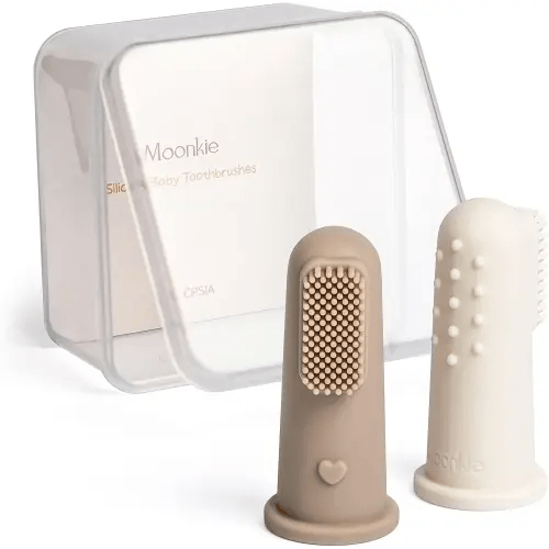 Moonkie Baby Toothbrush Finger Toothbrush Oral Cleaner Kit for 3 Months +, 2 Pcs Small (Warm Taupe/Ivory)