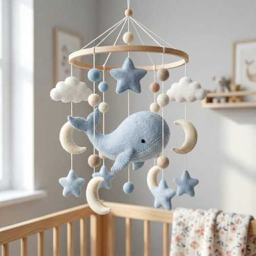Colorful Crochet Baby Mobile for Crib, Blue Whale Nursery Hanging Toy, Wooden Mobile Arm Decor, Newborn Gift Idea, Neutral Nursery Decor