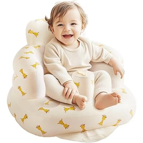 Baby Blow Up Chair for 3-36 Months, Portable Inflatable Support Seat with Built-in Air Pump, Learning to Sit & Feeding Chair for Infants & Toddlers (L Giraffes)