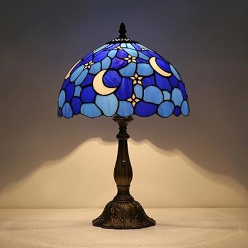 Tiffany Style Table Lamp,Stained Glass Moon Table Lamp,12X12X19 Inch Tiffany Reading Light, Antique Glass Desk Decor Lamp.