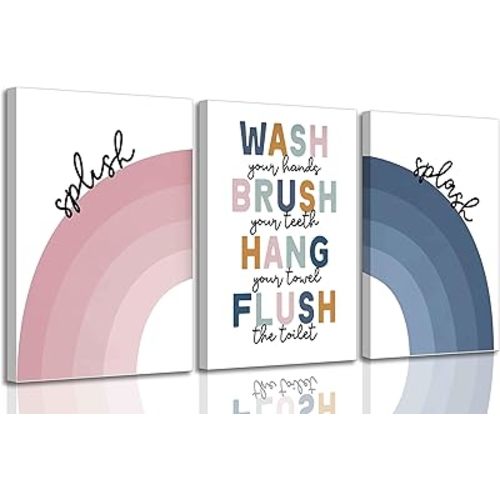 3 Pcs Kids Shared Bathroom Canvas Wall Art Colorful Cute Funny Toddler Toilet Rule Wash Hands Brush Teeth Children Rainbow Picture Wall Decor Poster Print Artwork for Girls Boys Restroom Unframed