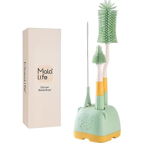 3 in 1 Baby Silicone Bottle Brush Set, Multipurpose Bottle Cleaner, Bottle Brush with Storage Holder, Food Grade Silicone, Effortless Scrubbing, Baby Bottle Cleaning Brush (Green)