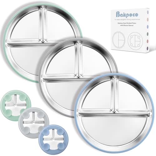 Bakpoco Stainless Steel Suction Plates for Toddlers, 9" Divided Kids Baby Plates with Removable Silicone Suction, Non Toxic Non Slip Portion Control Snack Dishes 3 Packs, Blue Gray Sage