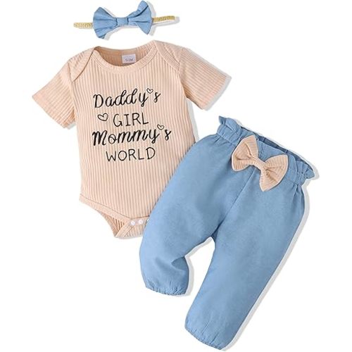 Renotemy - Conjunto de ropa para bebé recién nacido, atuendos de verano, mamelucos y pantalones, lindo conjunto de ropa para niñas pequeñas con volantes, regalo