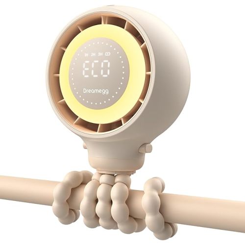 Dreamegg Baby Stroller Fan Travel, Portable Clip on Fan with Night Light | 4 speeds, 360° rotation, Detachable, Flexible tripod, LED display, Night light, Rechargeable, For car seat travel, Baby fan