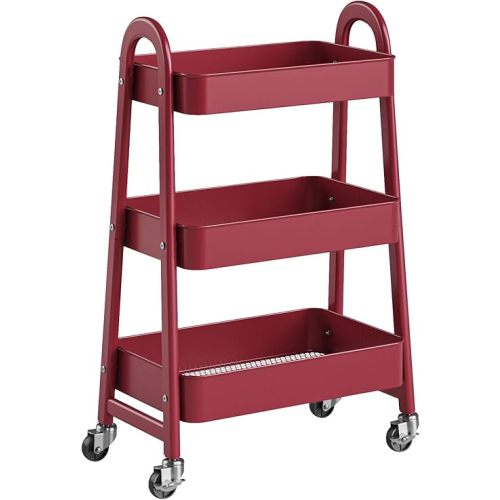 OLIXIS Metal 3 Tiers Utility Rolling Cart, Mobile Storage Shelf with Lockable Caster Wheels, Organization for Livingroom, Bathroom & Narrow Places, Red