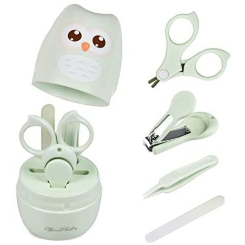 Baby Nail Kit, Baby Manicure Kit and Pedicure kit with Cute Owl Shape Case. Baby Nail Clipper, Scissor, Baby Nail File & Tweezer for Newborn, Infant & Toddler (Green)
